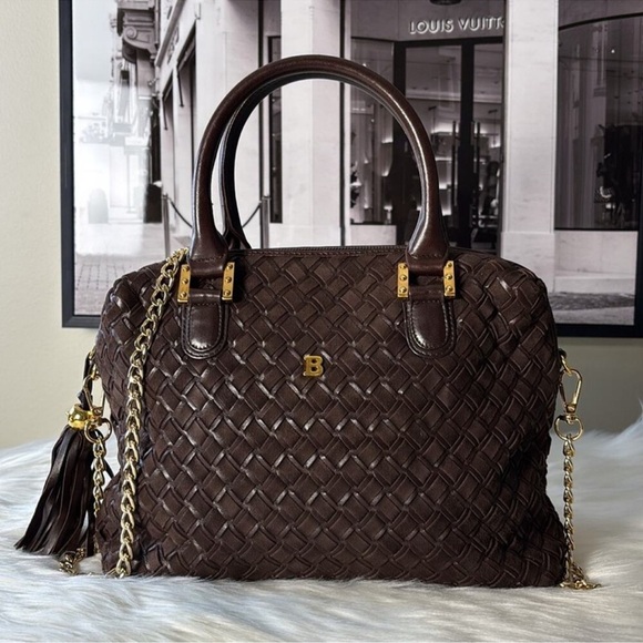 Bally Handbags - BALLY Elegant Brown Woven Suede & Leather Satchel w/Gold HDW, Chain & Tassel EUC